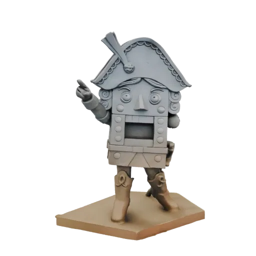 3D модель классического солдата Щелкунчика в форме, стоящего на подставке с поднятой рукой.