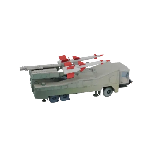 3D модель мобильной ракетной установки на шасси грузовика с четырьмя ракетами, на черном фоне.
