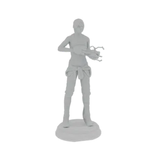 3D model of Chell from Portal, holding her portal gun, on a circular base.