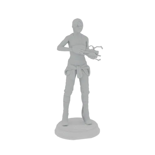 3D model of Chell from Portal, holding her portal gun, on a circular base.