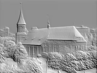3D модель барельефа Кафедрального собора на острове Канта, вид спереди, с детализированной башней и фасадом.