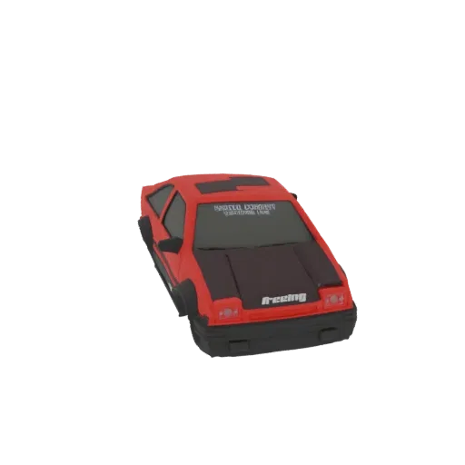 3D модель красного AE86 тюнер авто с матово-черным капотом и гоночными наклейками, показанная с трехчетвертного переднего рак
