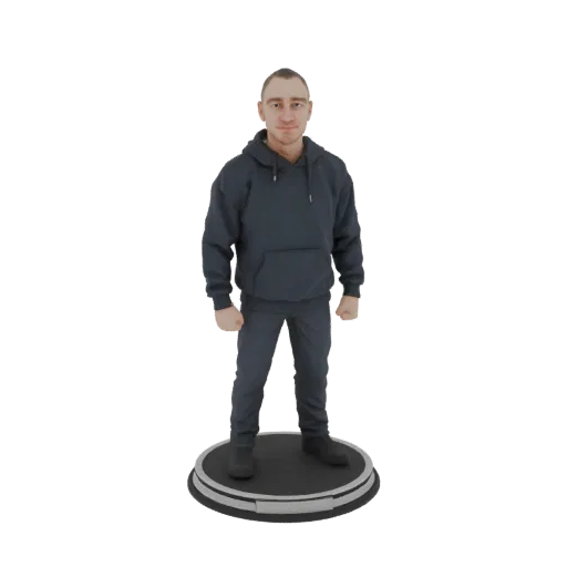 3D модель мужчины в темном худи и штанах, стоящего на круглой подставке.