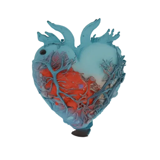 3D модель стилизованного анатомического сердца с видимым красным интерьером и синими полупрозрачными сосудистыми структурами.