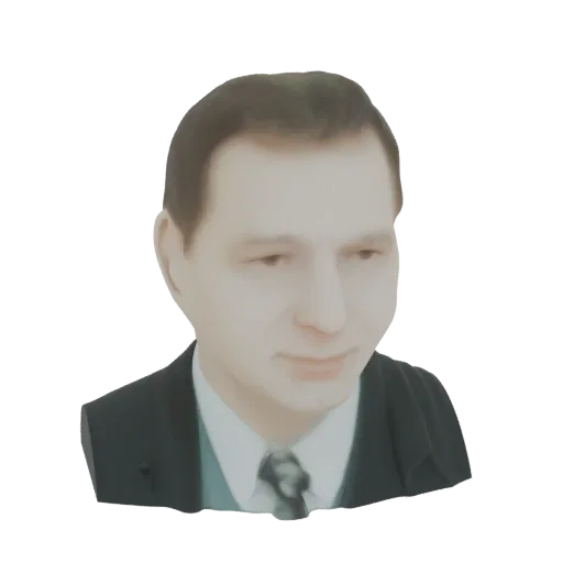 Рендер 3D модели бюста мужчины в темном костюме, голубой рубашке и галстуке с узором.