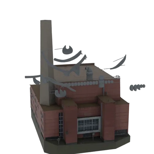 3D модель краснокирпичного промышленного здания фабрики с высокой трубой и различными трубами и вентиляционными отверстиями н
