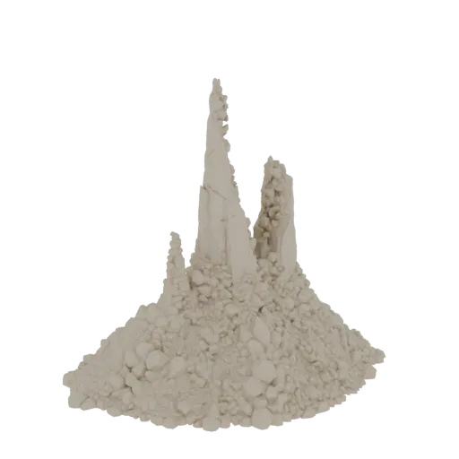 3D модель зубчатой скалы светлого цвета с острыми пиками и основанием из щебня, на белом фоне.