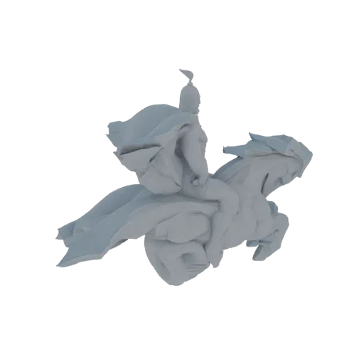 3D модель воина в шлеме и доспехах верхом на лошади, с развевающимся позади плащом.