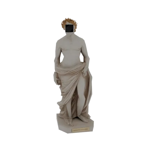 3D модель классической греческой статуи с драпировкой и черным квадратом, скрывающим лицо, на черном фоне.
