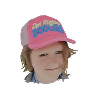 3D model of a pink Los Angeles Dodgers baseball cap with a stylized child's face integrated into the front.