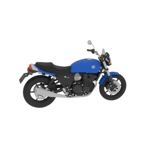 3D рендер синего мотоцикла Cafe Racer с черным сиденьем и серебристым выхлопом, вид сбоку.