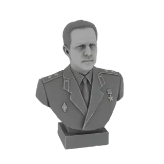 Рендер 3D модели серого бюста советского военачальника в форме с медалями.