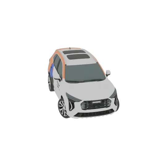 3D модель белого современного кроссовера SUV с оранжево-синими акцентами, вид спереди-три четверти на черном фоне.