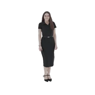 3D модель элегантной женщины в черном платье миди и черных туфлях на высоком каблуке, с руками по бокам.