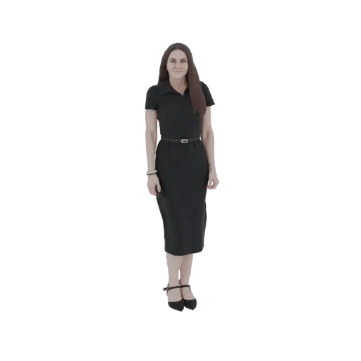 3D модель элегантной женщины в черном платье миди и черных туфлях на высоком каблуке, с руками по бокам.