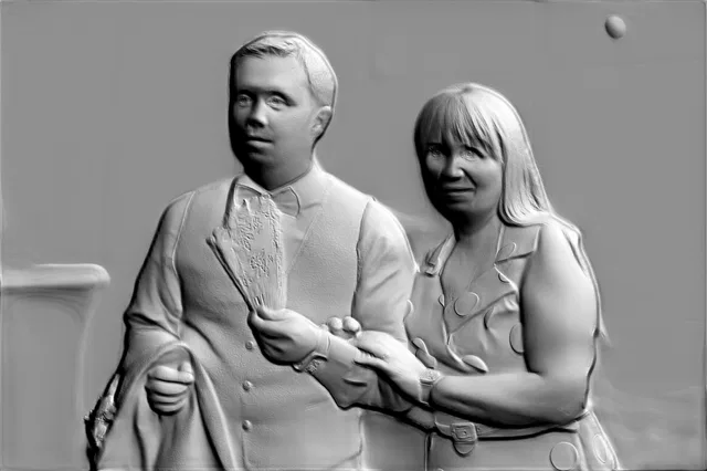 3D модель барельефа пары в стиле ретро, мужчина и женщина в винтажной одежде, детализированный барельеф