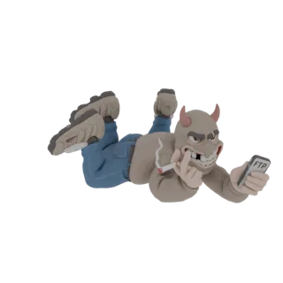 3D-модель стилизованного персонажа-дьявола, лежащего, курящего сигарету и смотрящего на смартфон с надписью 'FTP'.