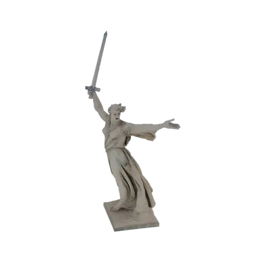 3D модель статуи «Родина-мать зовёт!» — женщина в струящемся одеянии, высоко поднявшая меч.