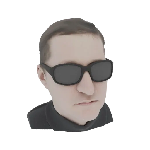 Рендер 3D модели мужчины в темных солнцезащитных очках и черной рубашке, смотрящего вперед с нейтральным выражением лица.