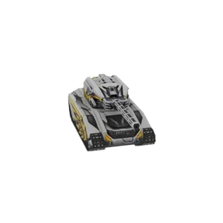 3D-модель футуристического боевого танка с элегантным бронированным дизайном и золотыми акцентами, вид спереди в три четверти
