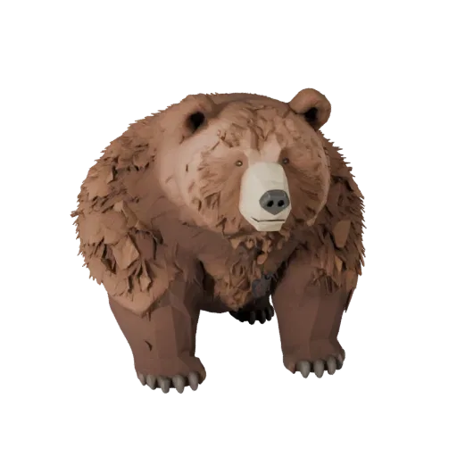 Низкополигональная 3D-модель бурого медведя, вид сбоку в игровом ракурсе, низкополигональная модель животного с объемом плеч,