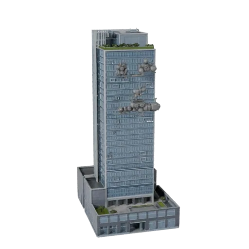 Модульная высотная офисная башня реалистичная 3D модель, вид с трех четвертей снаружи, показывающий материалы коммерческого о