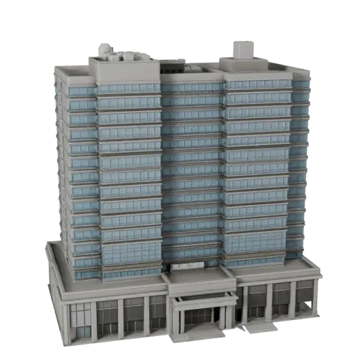 Реалистичная 3D модель штаб-квартиры банка, вид с трех четвертей снаружи, показывающий материалы коммерческого офисного здани
