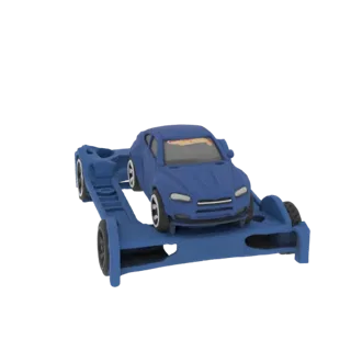 3D модель синего автовоза, перевозящего синюю спортивную машинку, на белом фоне