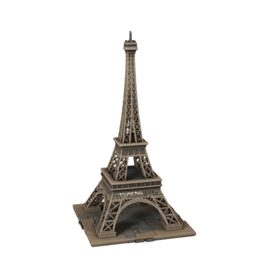 Печатная 3D модель Эйфелевой башни в формате STL, изометрический вид, показывающий материалы структуры достопримечательности