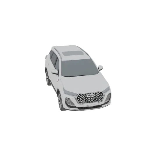 3D модель белого Chery Tiggo 7 Pro SUV, вид спереди под углом три четверти на белом фоне.