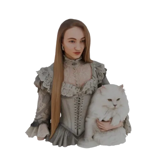 3D модель викторианской леди с длинными светлыми волосами, в сером кружевном платье, держащая пушистого белого кота.