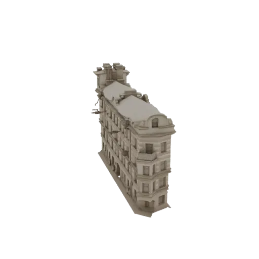 3D модель детализированного многоэтажного европейского жилого дома с орнаментальными архитектурными элементами и светло-серым