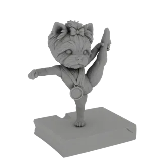 3D модель серого йоркширского терьера в гимнастической позе, балансирующего на одной ноге с вытянутой другой, с медалью, на п