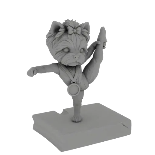 3D модель серого йоркширского терьера в гимнастической позе, балансирующего на одной ноге с вытянутой другой, с медалью, на п