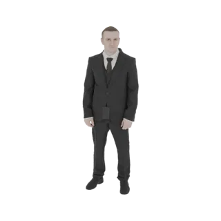 3D модель мужчины в черном костюме, белой рубашке и темном галстуке, стоящего с руками по бокам.