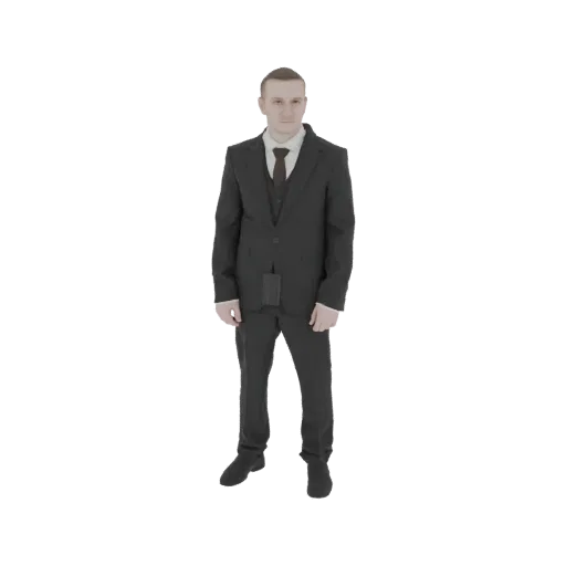 3D модель мужчины в черном костюме, белой рубашке и темном галстуке, стоящего с руками по бокам.