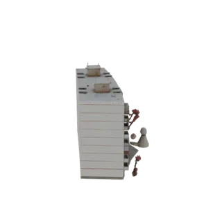3D модель современного многоквартирного дома с балконами и блоками на крыше, вид сбоку под небольшим углом.