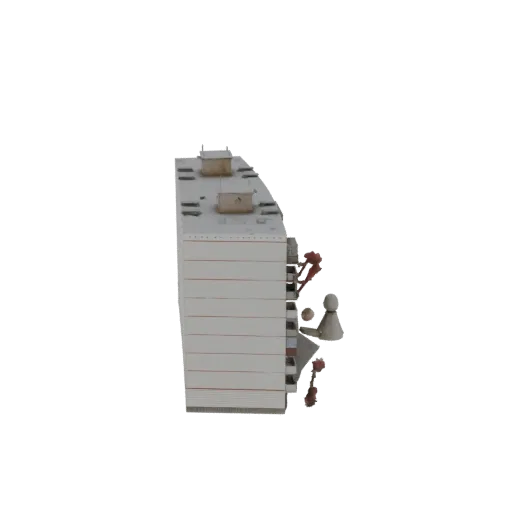 3D модель современного многоквартирного дома с балконами и блоками на крыше, вид сбоку под небольшим углом.