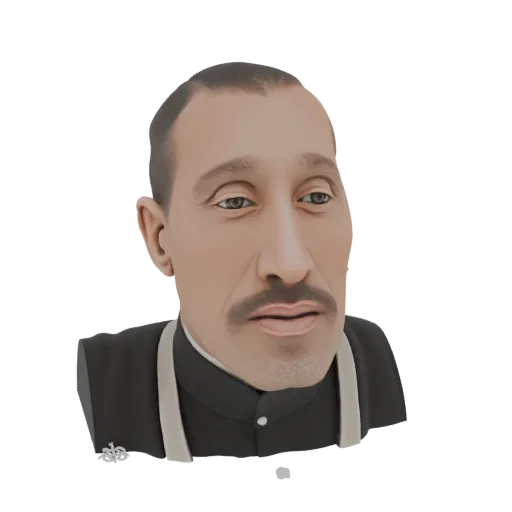 Рендер 3D модели реалистичного бюста мужчины с усами, одетого в темный пиджак со светлыми лацканами.