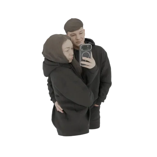 3D модель молодой пары, мужчины и женщины, обнимающихся и делающих селфи со смартфоном, оба в черных худи.