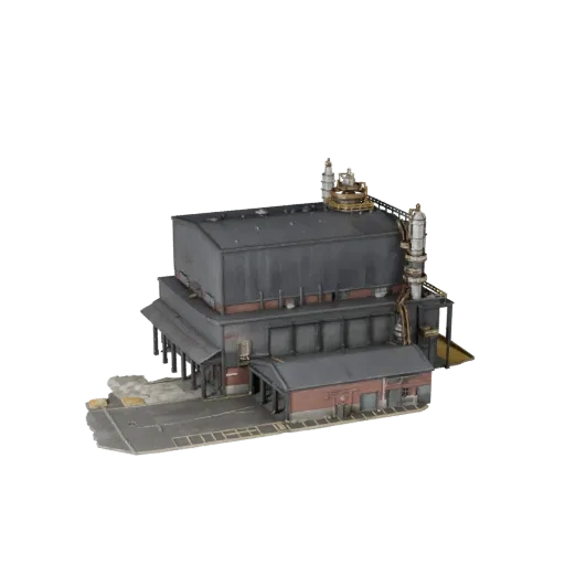 Стилизованная 3D-модель нефтеперерабатывающего завода, изометрический вид стилизованной игровой среды, показывающий промышлен