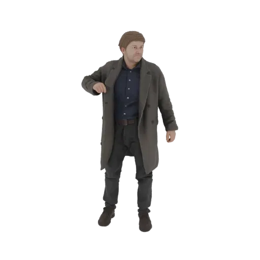 3D модель мужчины, стоящего в темном пальто, синей рубашке и темных брюках, смотрящего в сторону.