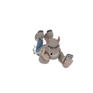 3D модель мультяшного дьявола с рогами, курящего сигарету и держащего смартфон с надписью 'FTP' на экране.