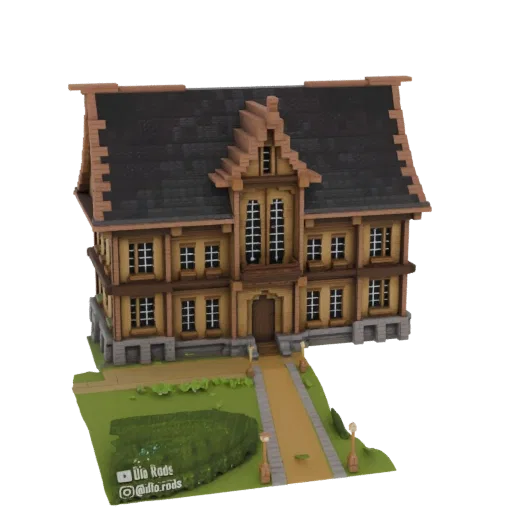 3D модель детализированного викторианского особняка с темной крышей, светло-коричневыми стенами, арочными окнами и небольшим