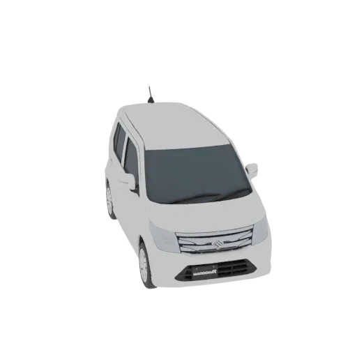 3D модель белого Suzuki Wagon R, вид спереди справа под небольшим углом на белом фоне.