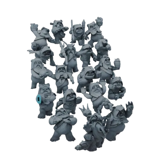 Коллекция 3D напечатанных миниатюр воинов эвоков в различных позах, демонстрирующих детализацию меха, одежды и оружия.