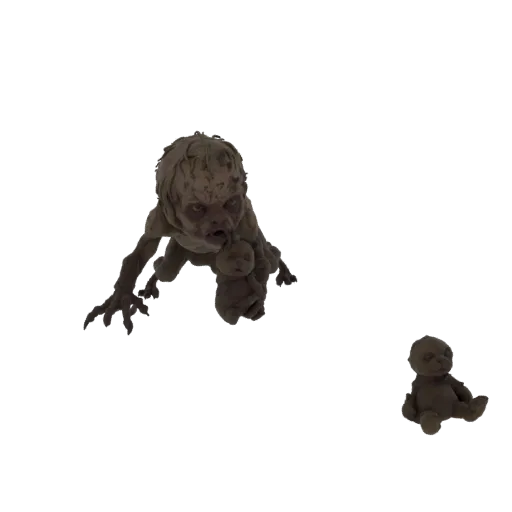 3D модель гротескного младенца-монстра, ползающего, с острыми когтями и жутким выражением лица, держащего маленькую куклу.