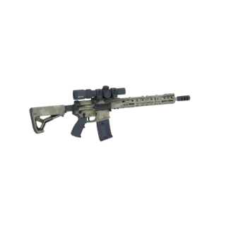 3D модель камуфлированной винтовки в стиле AR-15 с установленным оптическим прицелом на белом фоне.