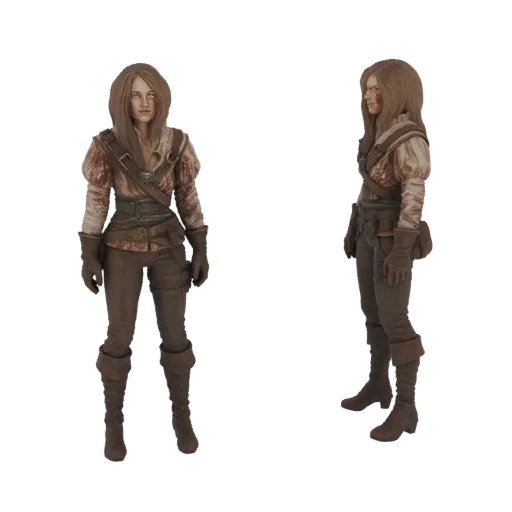 Вид спереди и сбоку 3D модели женщины-воина в коричневой кожаной броне, с длинными каштановыми волосами и серьезным выражение
