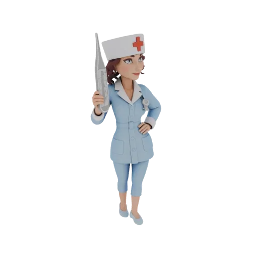 3D модель мультяшной медсестры в синей униформе с градусником, дружелюбное выражение лица.